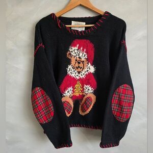 Vtg Teddy Bear Red Stitch Tartan Plaid Elbow Patch Black Sweater Sz M